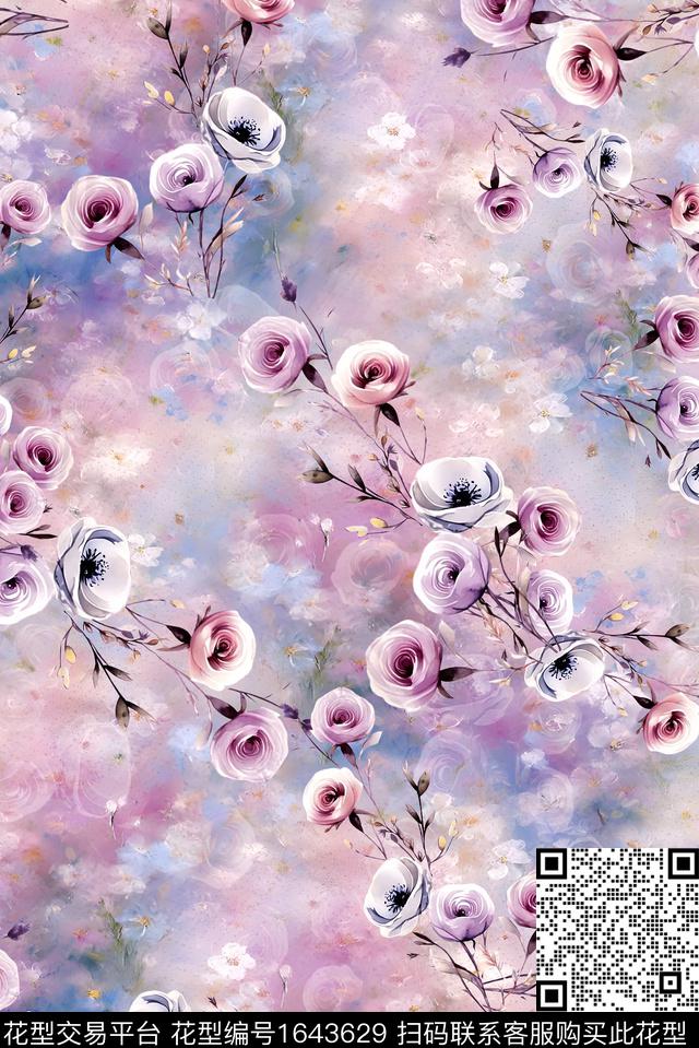 年轻女装小清新满版散花数码印花华亿平台下载（图片编号: 1643629） - 瓦栏（Walan）