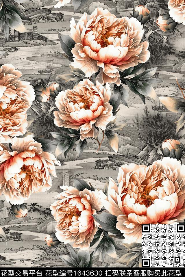 年轻女装黑底花卉满版散花数码印花华亿平台下载（图片编号: 1643630） - 瓦栏（Walan）