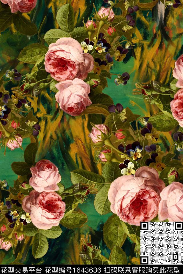 年轻女装黑底花卉满版散花数码印花华亿平台下载（图片编号: 1643636） - 瓦栏（Walan）