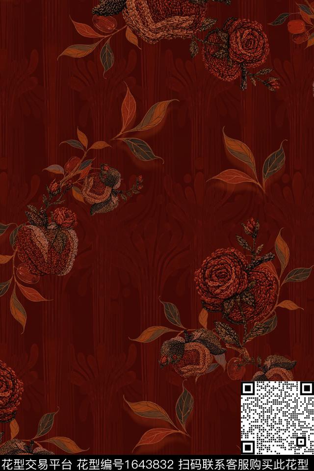 花卉刺绣玫瑰花数码印花华亿平台下载（图片编号: 1643832） - 瓦栏（Walan）