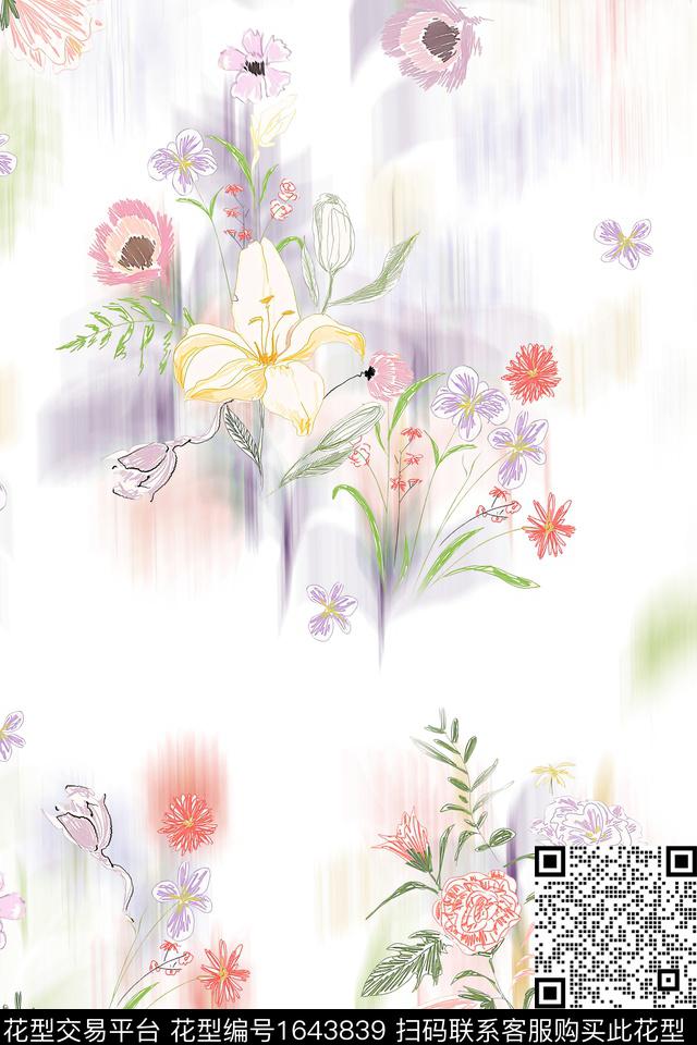 花卉水彩花卉模糊底纹数码印花华亿平台下载（图片编号: 1643839） - 瓦栏（Walan）