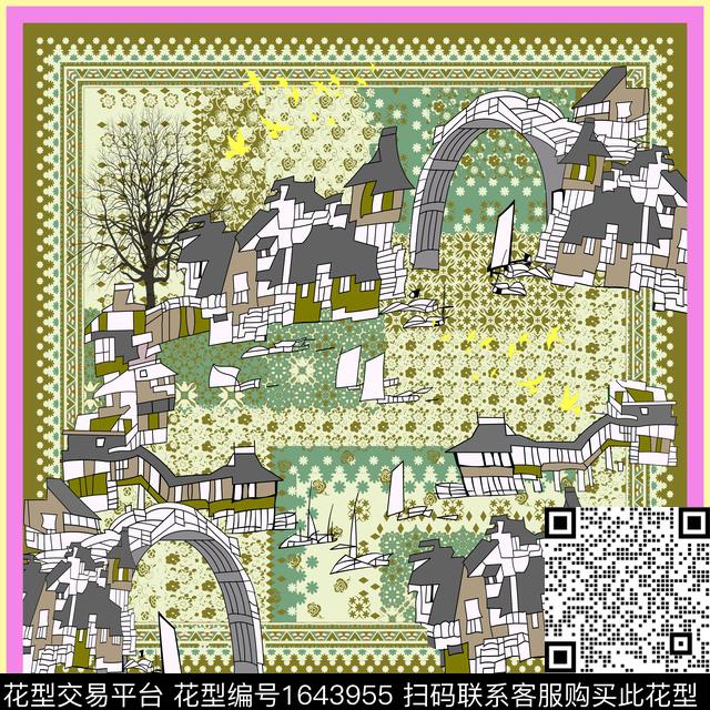丝巾定位花建筑线条画传统印花华亿平台下载（图片编号: 1643955） - 瓦栏（Walan）