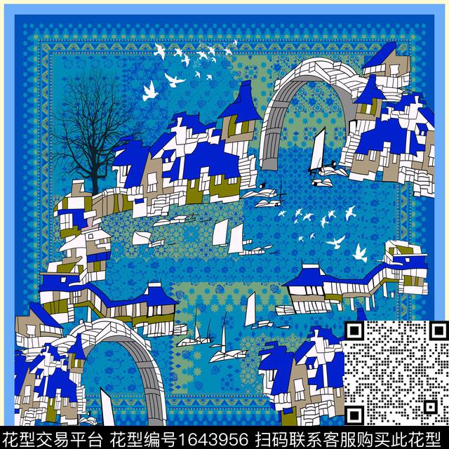 丝巾定位花建筑线条画传统印花华亿平台下载（图片编号: 1643956） - 瓦栏（Walan）