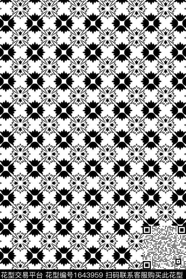 中国风抽象花卉黑白华亿平台数码印花华亿平台下载（图片编号: 1643959） - 瓦栏（Walan）