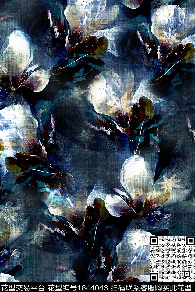 黑底花卉花卉抽象花卉数码印花华亿平台下载（图片编号: 1644043） - 瓦栏（Walan）
