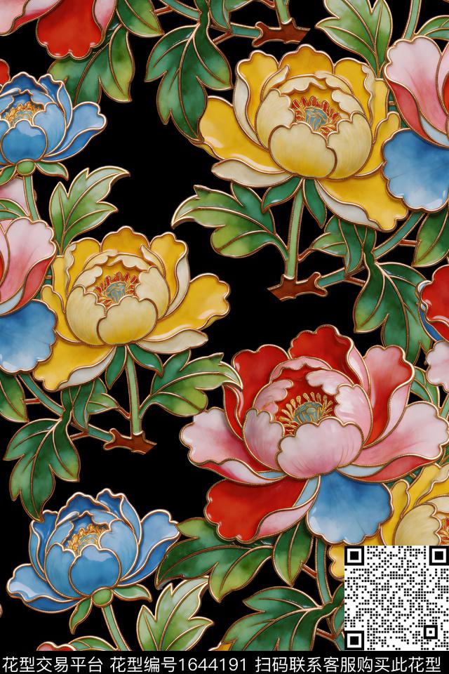 黑底花卉花卉中老年数码印花华亿平台下载（图片编号: 1644191） - 瓦栏（Walan）