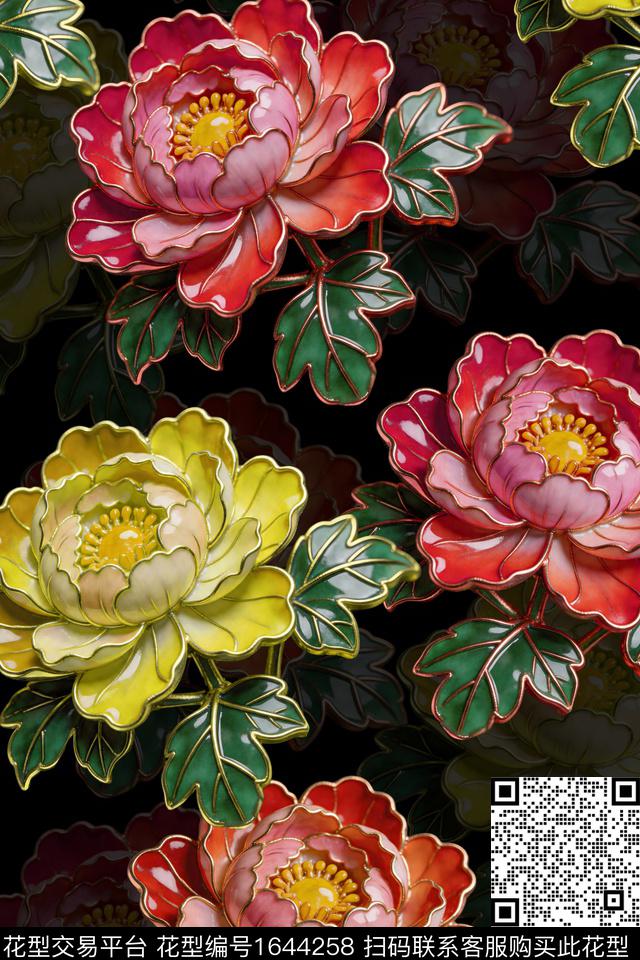 黑底花卉花卉数码华亿平台数码印花华亿平台下载（图片编号: 1644258） - 瓦栏（Walan）