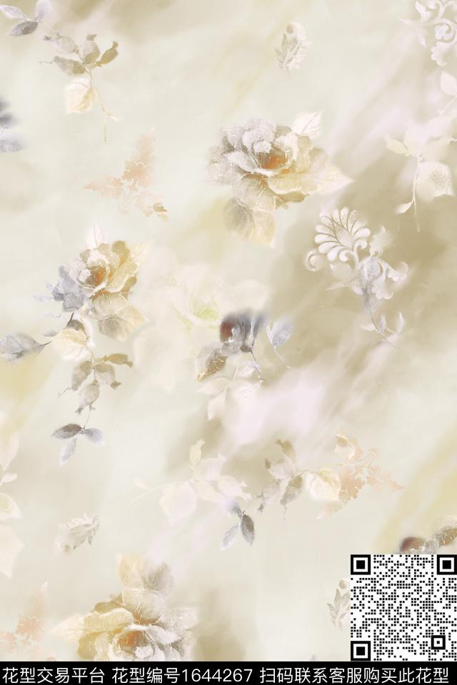 花卉渐变模糊花卉数码印花华亿平台下载（图片编号: 1644267） - 瓦栏（Walan）