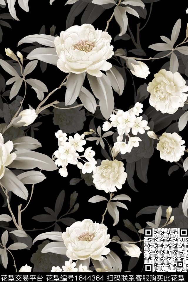年轻女装黑底花卉花卉数码印花华亿平台下载（图片编号: 1644364） - 瓦栏（Walan）