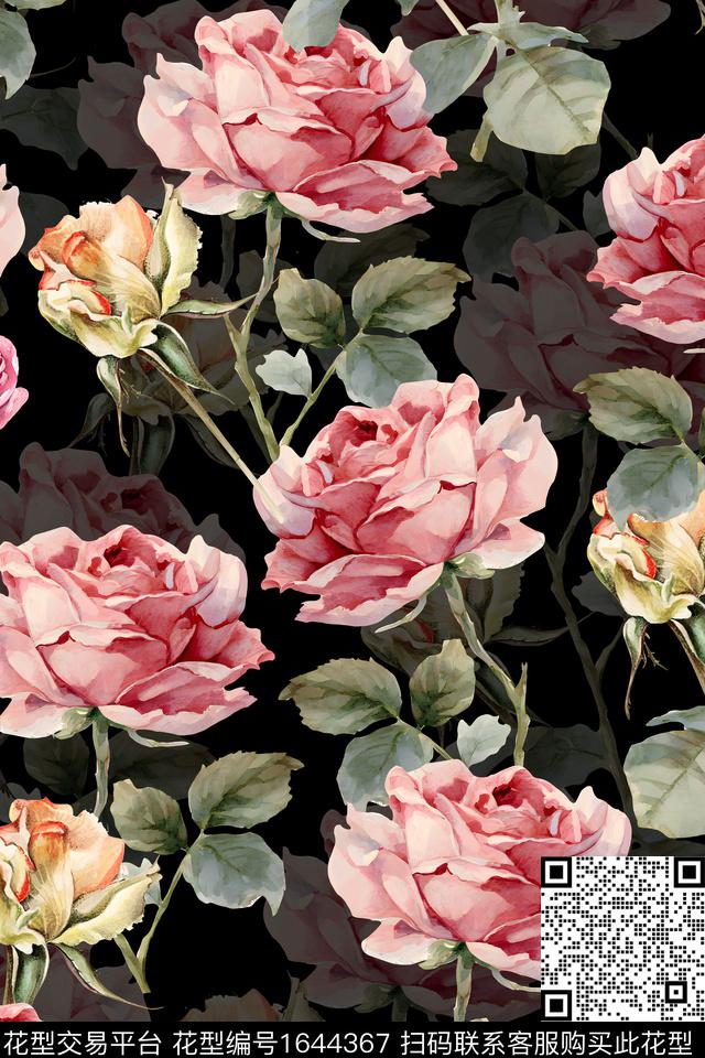 年轻女装黑底花卉花卉数码印花华亿平台下载（图片编号: 1644367） - 瓦栏（Walan）