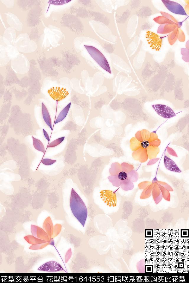 花卉水彩花卉抽象数码印花华亿平台下载（图片编号: 1644553） - 瓦栏（Walan）