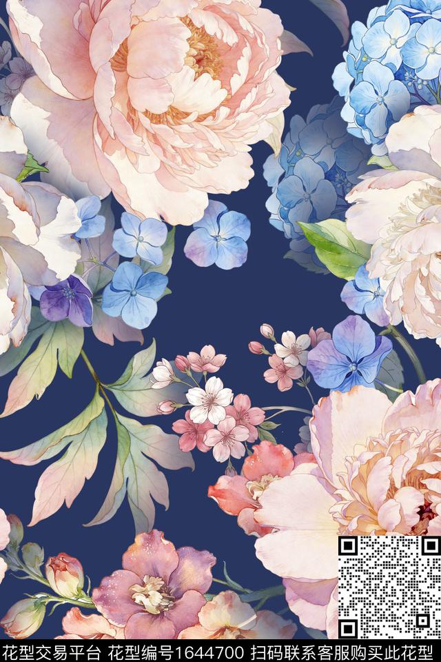 大花花卉水彩数码印花华亿平台下载（图片编号: 1644700） - 瓦栏（Walan）