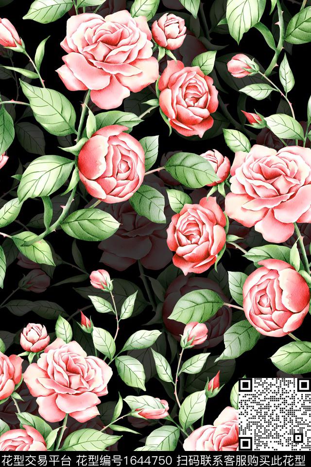 年轻女装黑底花卉花卉数码印花华亿平台下载（图片编号: 1644750） - 瓦栏（Walan）