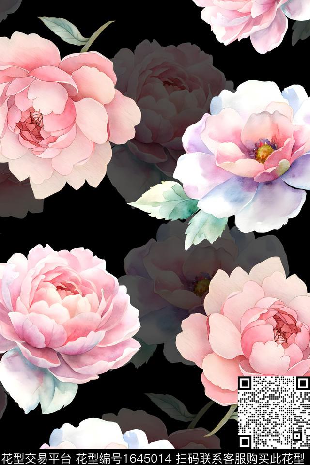 黑底花卉花卉水彩数码印花华亿平台下载（图片编号: 1645014） - 瓦栏（Walan）