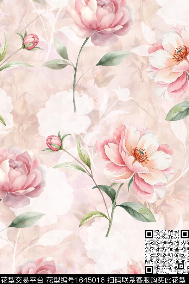 年轻女装花卉水彩数码印花华亿平台下载（图片编号: 1645016） - 瓦栏（Walan）