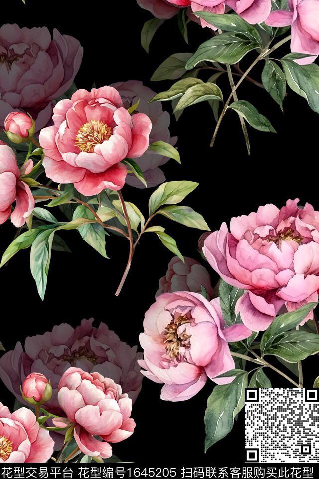 年轻女装黑底花卉花卉数码印花华亿平台下载（图片编号: 1645205） - 瓦栏（Walan）