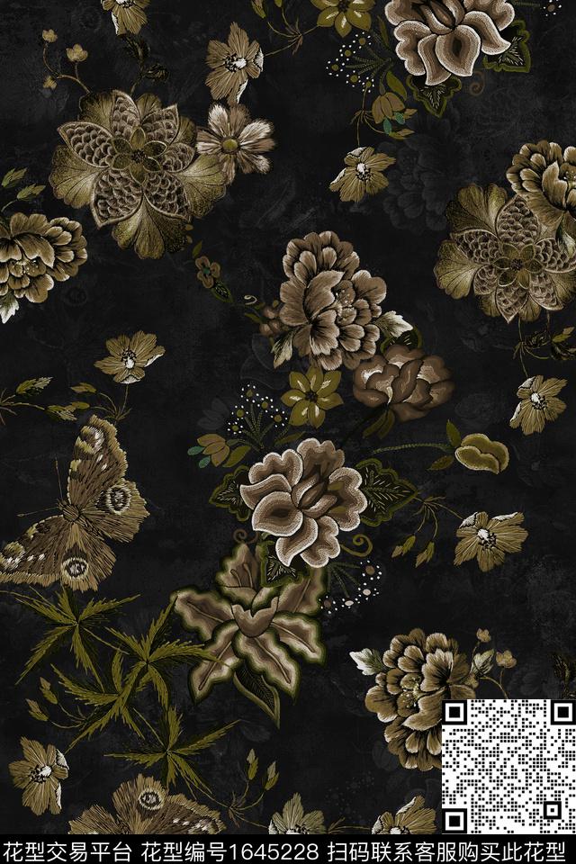 花卉黑底花卉仿刺绣数码印花华亿平台下载（图片编号: 1645228） - 瓦栏（Walan）