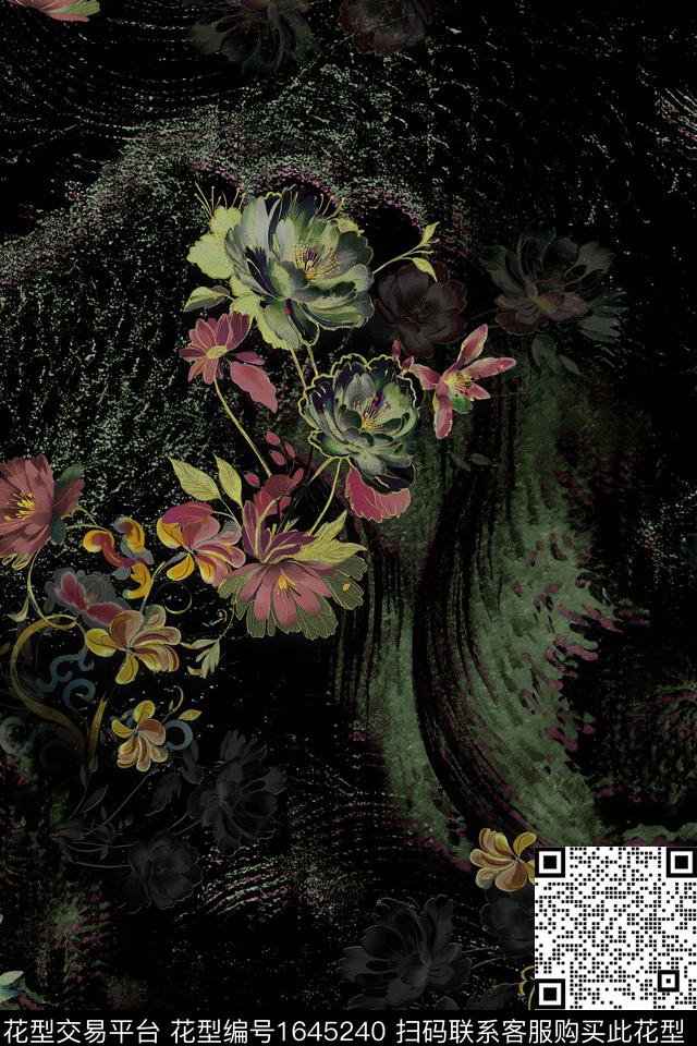 花卉黑底花卉水彩花卉数码印花华亿平台下载（图片编号: 1645240） - 瓦栏（Walan）