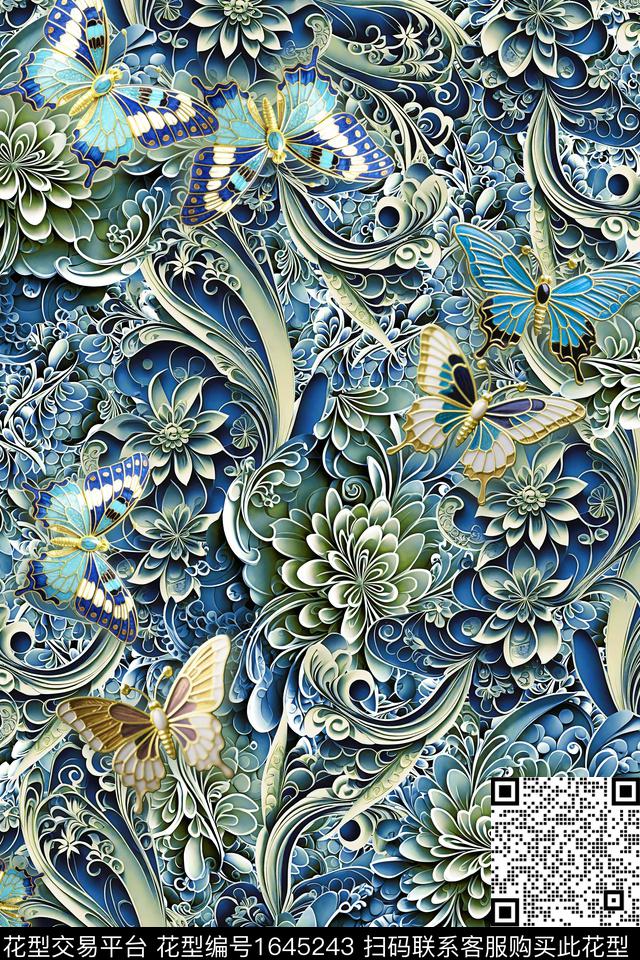 花卉抽象花卉蝴蝶数码印花华亿平台下载（图片编号: 1645243） - 瓦栏（Walan）