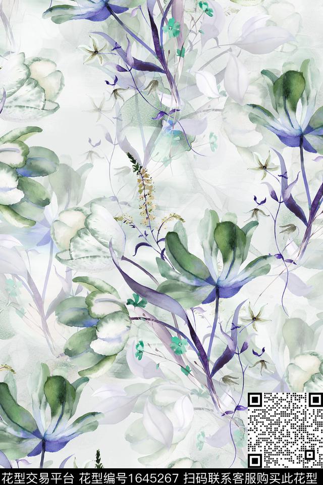 年轻女装花卉水彩数码印花华亿平台下载（图片编号: 1645267） - 瓦栏（Walan）