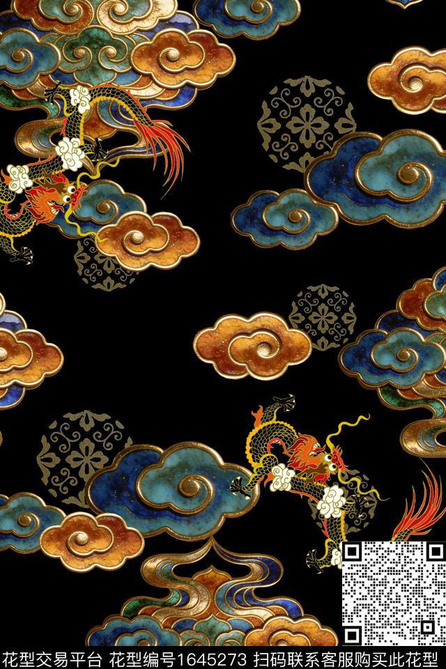 中国风黑底花卉真丝数码印花华亿平台下载（图片编号: 1645273） - 瓦栏（Walan）