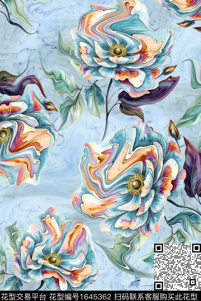 年轻女装满版散花水彩花卉数码印花华亿平台下载（图片编号: 1645362） - 瓦栏（Walan）