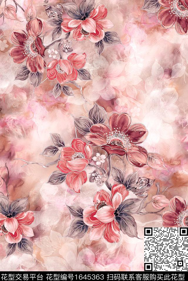 年轻女装满版散花水彩花卉数码印花华亿平台下载（图片编号: 1645363） - 瓦栏（Walan）