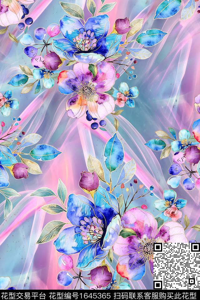 年轻女装满版散花水彩花卉数码印花华亿平台下载（图片编号: 1645365） - 瓦栏（Walan）
