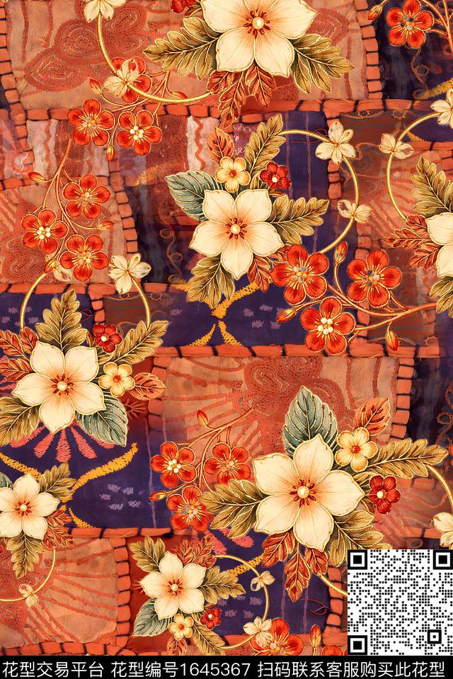 年轻女装满版散花水彩花卉数码印花华亿平台下载（图片编号: 1645367） - 瓦栏（Walan）