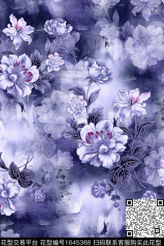 年轻女装满版散花水彩花卉数码印花华亿平台下载（图片编号: 1645368） - 瓦栏（Walan）