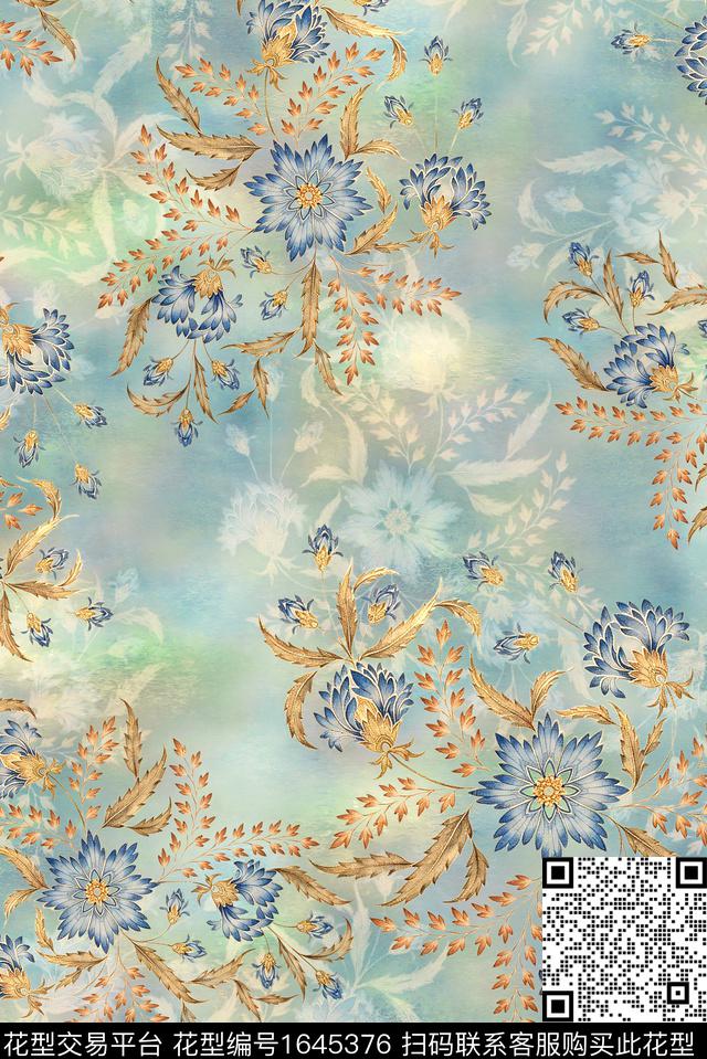 年轻女装满版散花水彩花卉数码印花华亿平台下载（图片编号: 1645376） - 瓦栏（Walan）