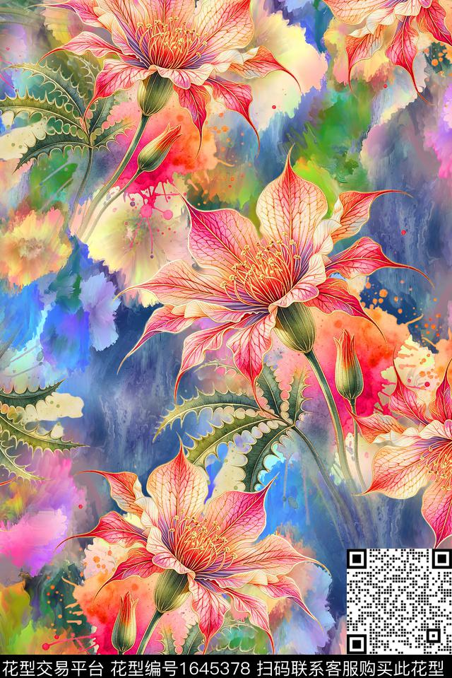 年轻女装满版散花水彩花卉数码印花华亿平台下载（图片编号: 1645378） - 瓦栏（Walan）