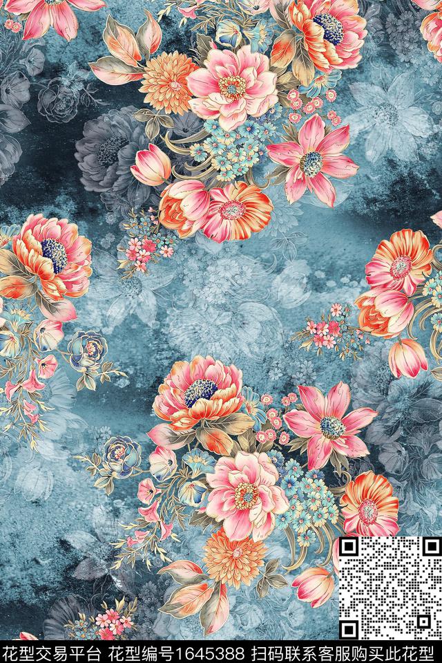 年轻女装满版散花水彩花卉数码印花华亿平台下载（图片编号: 1645388） - 瓦栏（Walan）