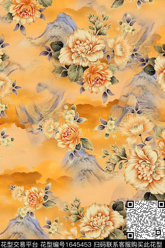 年轻女装满版散花水彩花卉数码印花华亿平台下载（图片编号: 1645453） - 瓦栏（Walan）