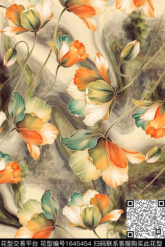 年轻女装满版散花水彩花卉数码印花华亿平台下载（图片编号: 1645454） - 瓦栏（Walan）