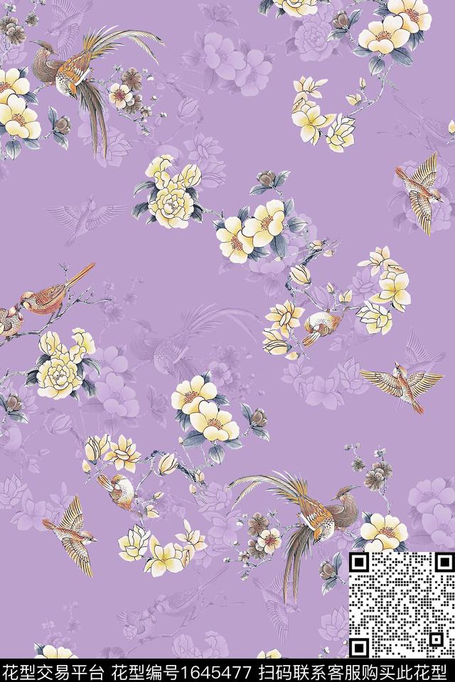 中国风花鸟旗袍数码印花华亿平台下载（图片编号: 1645477） - 瓦栏（Walan）