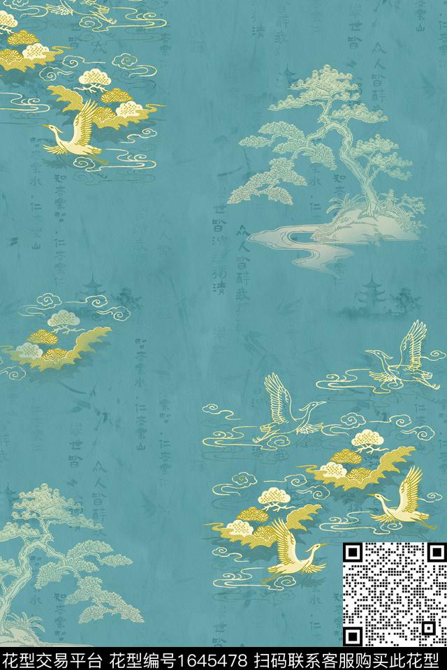 中国风旗袍仙鹤数码印花华亿平台下载（图片编号: 1645478） - 瓦栏（Walan）