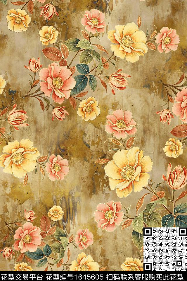 年轻女装满版散花水彩花卉数码印花华亿平台下载（图片编号: 1645605） - 瓦栏（Walan）