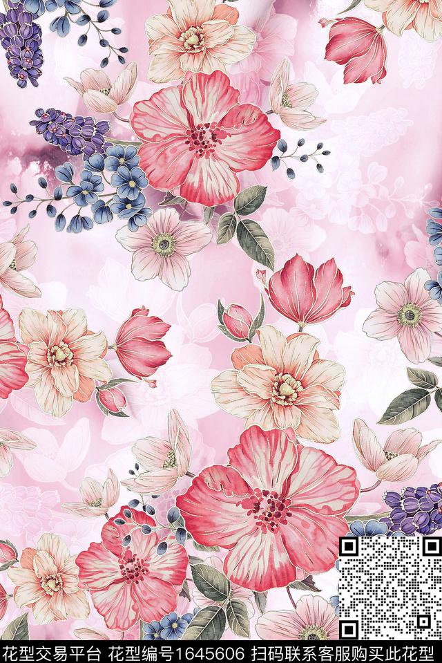 年轻女装满版散花水彩花卉数码印花华亿平台下载（图片编号: 1645606） - 瓦栏（Walan）