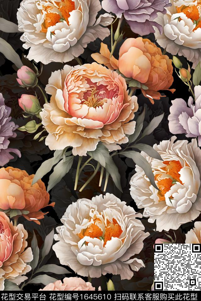 年轻女装黑底花卉真丝数码印花华亿平台下载（图片编号: 1645610） - 瓦栏（Walan）