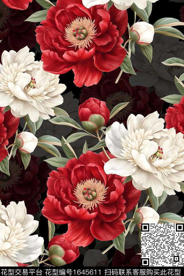 年轻女装黑底花卉真丝数码印花华亿平台下载（图片编号: 1645611） - 瓦栏（Walan）