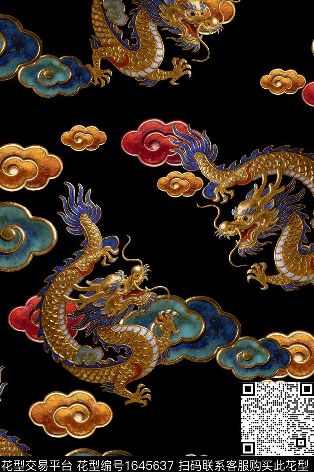 中国风黑底花卉真丝数码印花华亿平台下载（图片编号: 1645637） - 瓦栏（Walan）