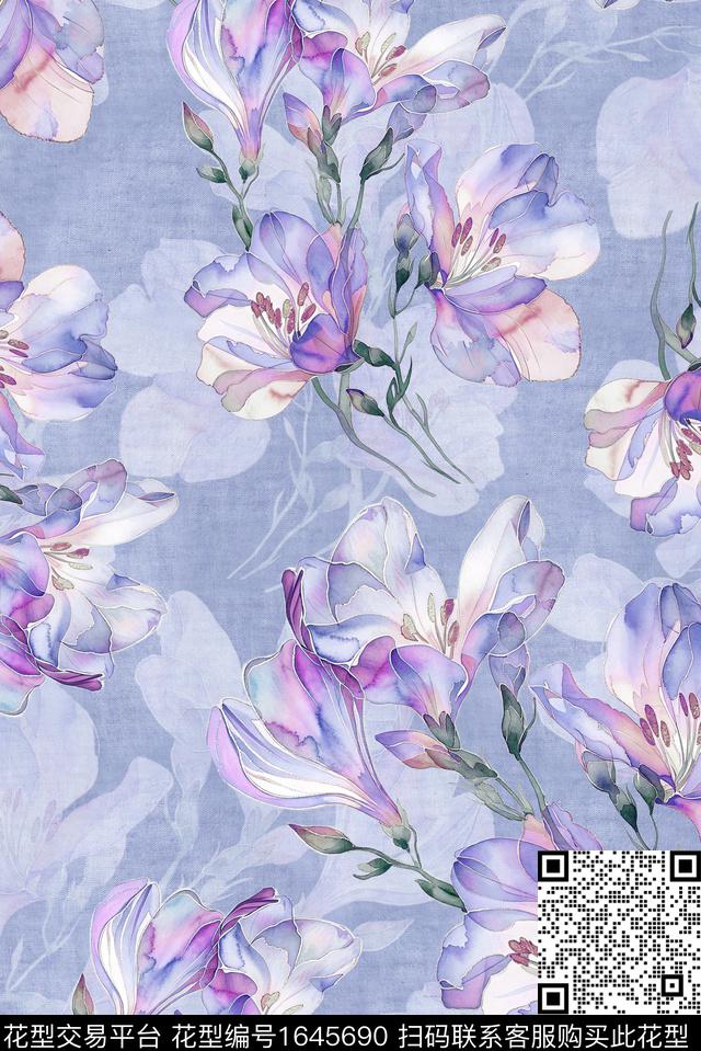 年轻女装满版散花水彩花卉数码印花华亿平台下载（图片编号: 1645690） - 瓦栏（Walan）