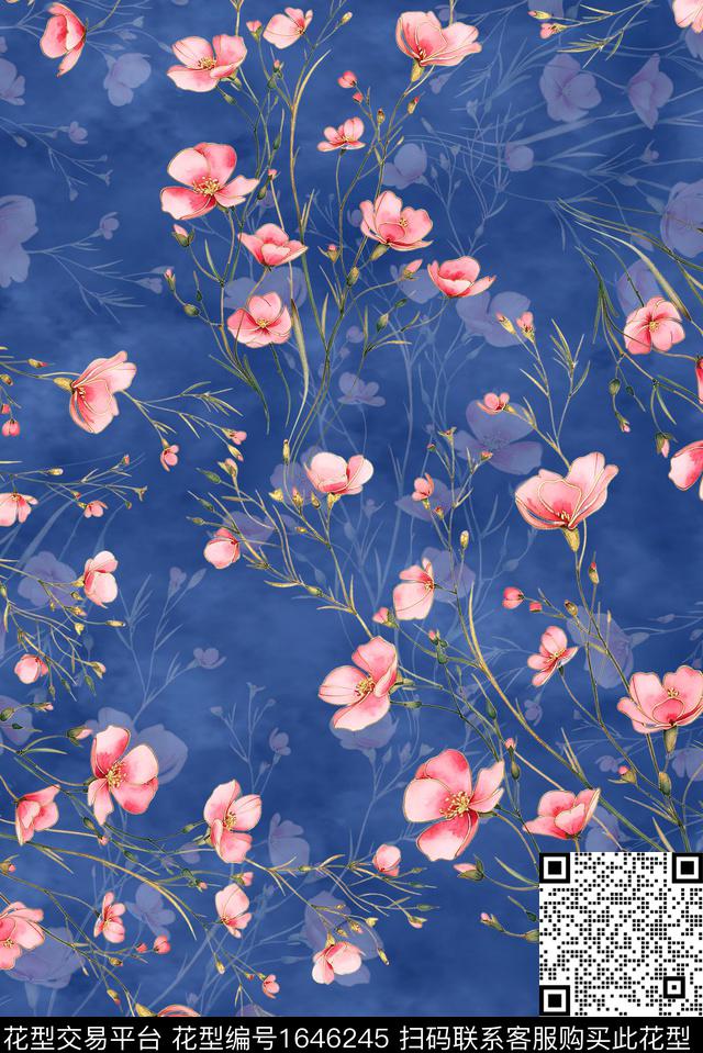 年轻女装满版散花水彩花卉数码印花华亿平台下载（图片编号: 1646245） - 瓦栏（Walan）