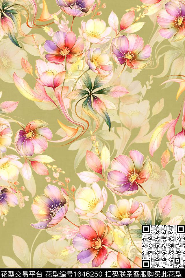 年轻女装满版散花水彩花卉数码印花华亿平台下载（图片编号: 1646250） - 瓦栏（Walan）