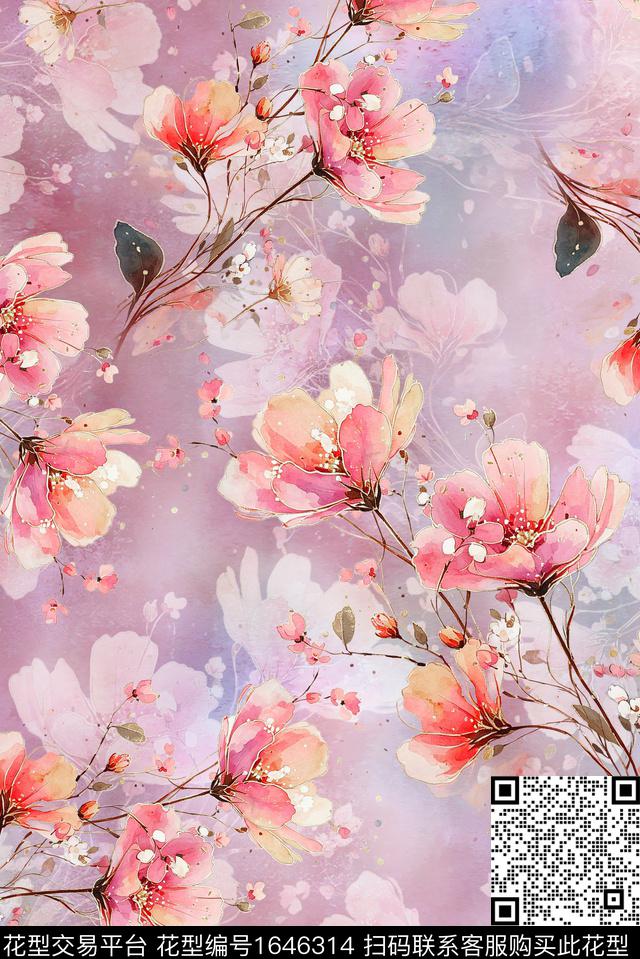 年轻女装满版散花水彩花卉数码印花华亿平台下载（图片编号: 1646314） - 瓦栏（Walan）