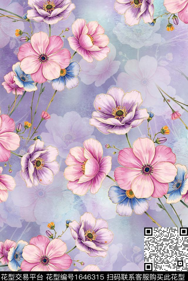 年轻女装满版散花水彩花卉数码印花华亿平台下载（图片编号: 1646315） - 瓦栏（Walan）
