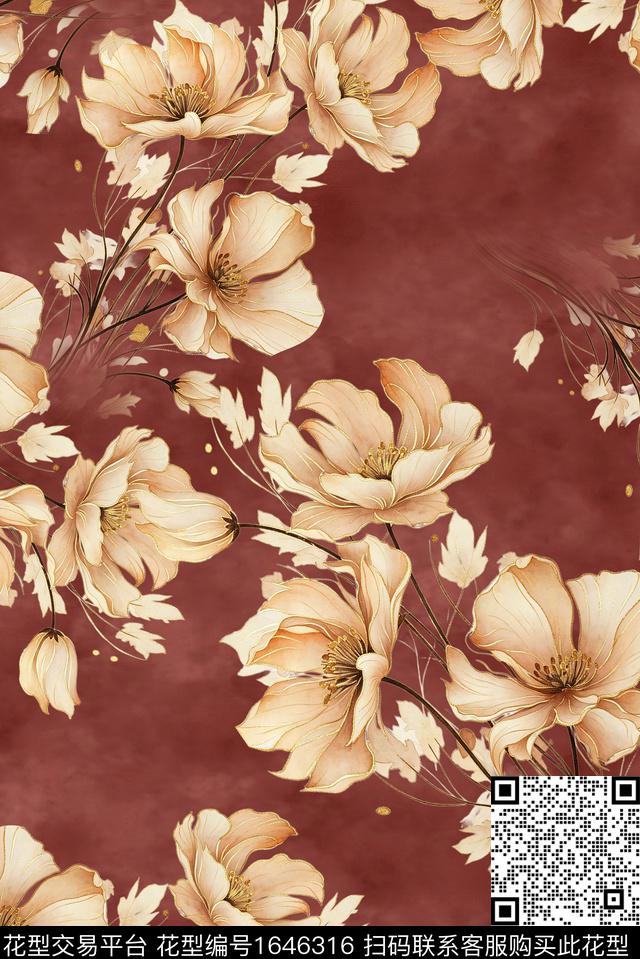 年轻女装满版散花水彩花卉数码印花华亿平台下载（图片编号: 1646316） - 瓦栏（Walan）