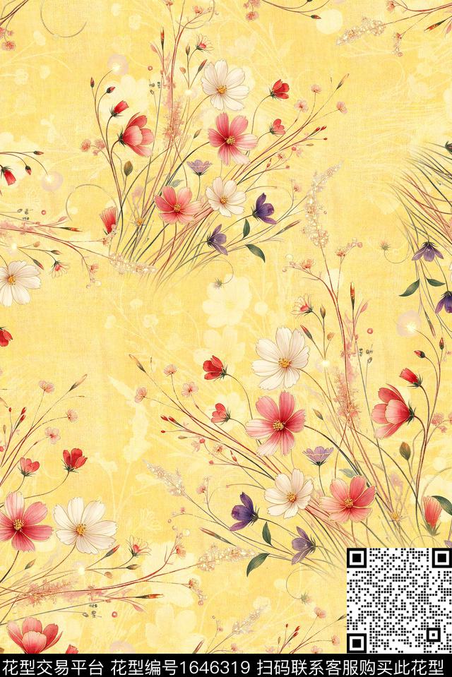 年轻女装满版散花水彩花卉数码印花华亿平台下载（图片编号: 1646319） - 瓦栏（Walan）