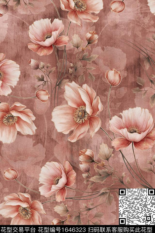 年轻女装满版散花水彩花卉数码印花华亿平台下载（图片编号: 1646323） - 瓦栏（Walan）
